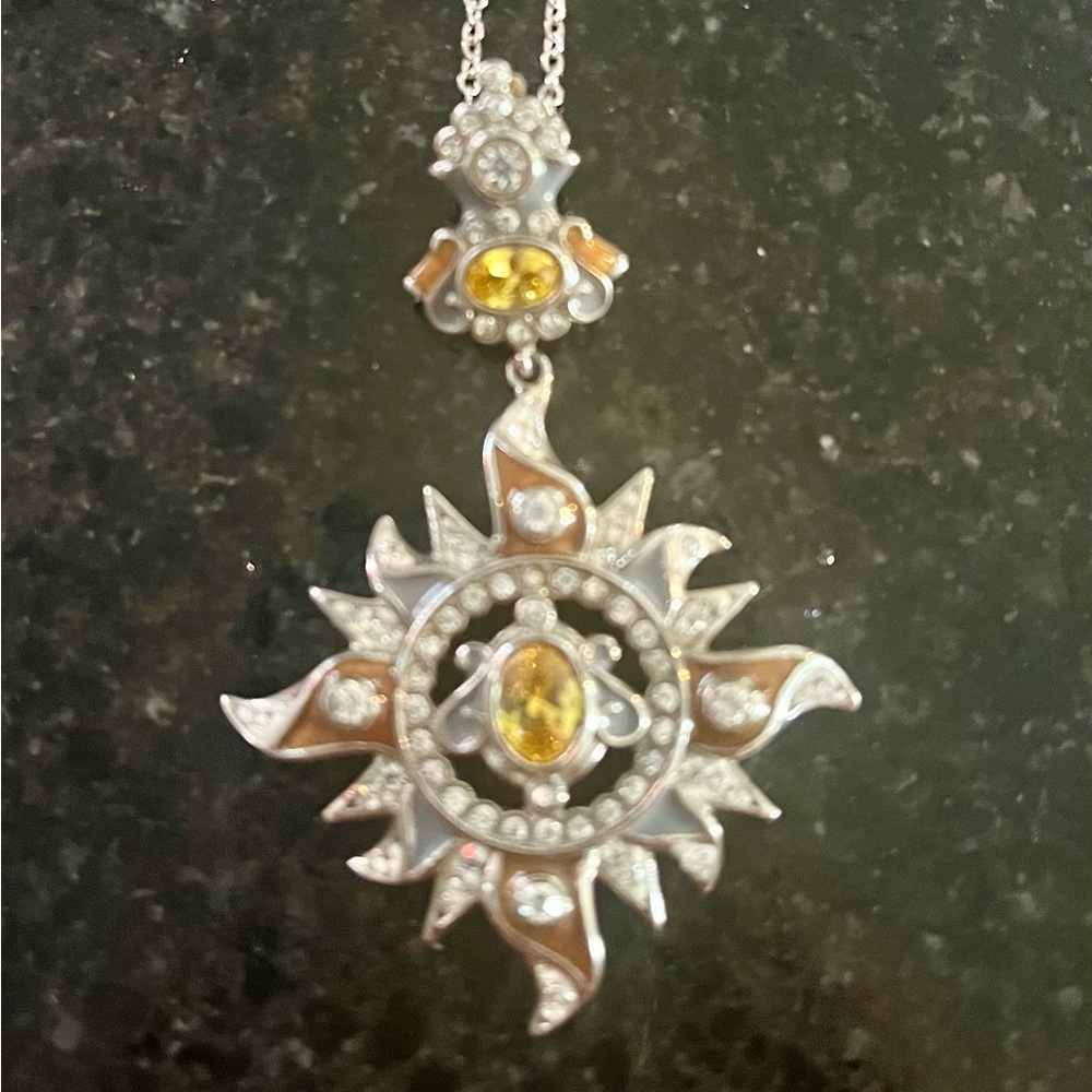 Stainless Steel Sunburst Pendant Necklace w/Yellow Accent & Clear Crystal stones